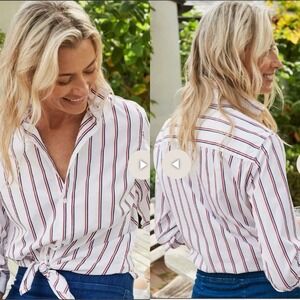 Frank & Eileen FRANK Classic Linen Blend Red & Navy Striped Button Down Medium